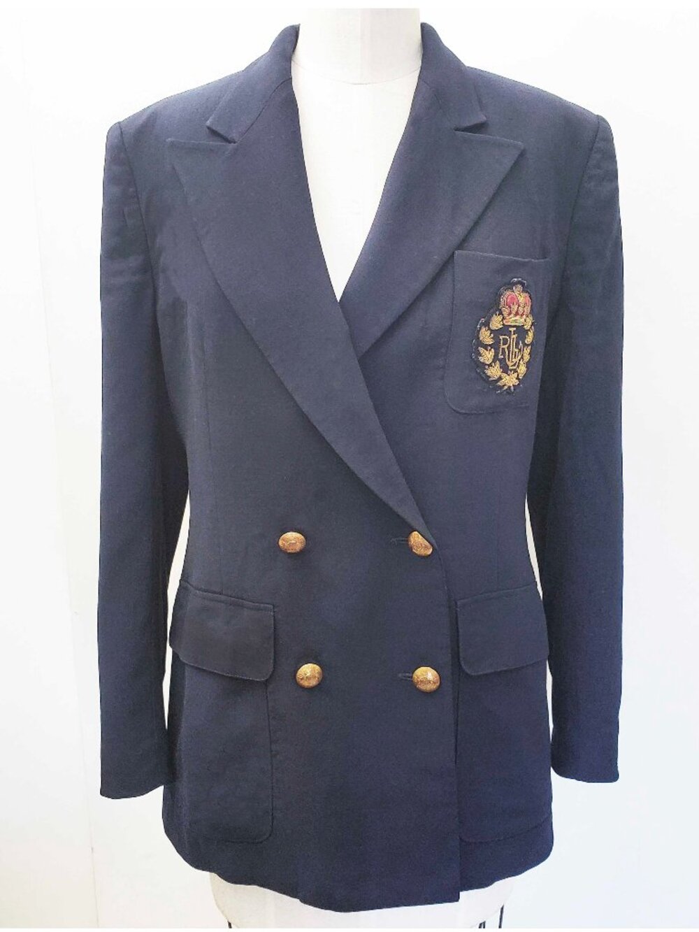 Lauren Ralph Lauren Womens Navy Wool Double Breasted Blazer Crested Royal Crown